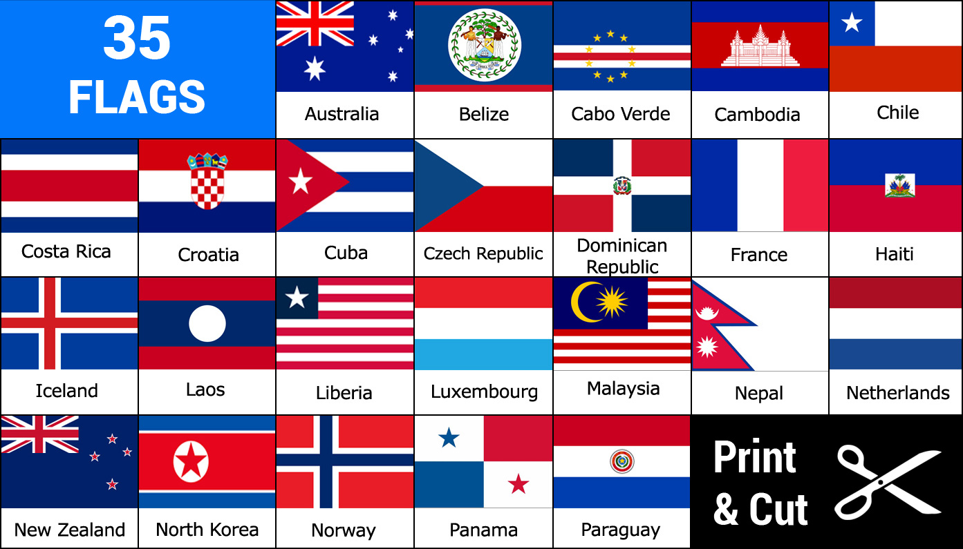 Printable Country Flags with blue, white and red