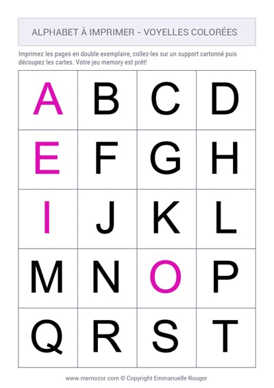 Alphabet avec les Voyelles colorees à imprimer