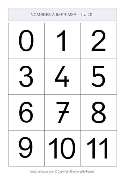 Chiffres de 1 à 20 à imprimer