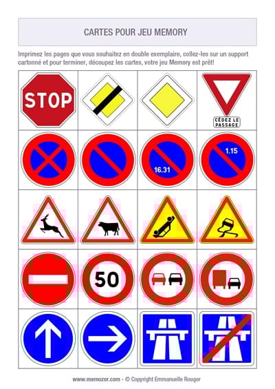 Memory panneaux de signalisation routière à imprimer