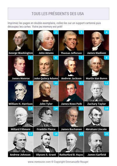 Cartes numérotées à imprimer des Présidents des USA Cartes numérotées à imprimer des Présidents des USA