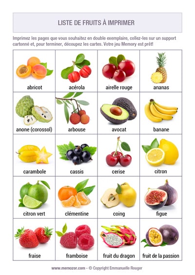 Liste de Fruits avec noms et images à imprimer