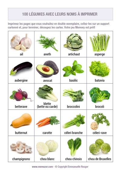 100 Cartes Légumes avec noms et images - à imprimer