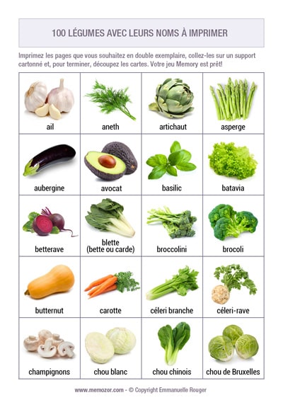 Liste de Légumes avec noms et images à imprimer