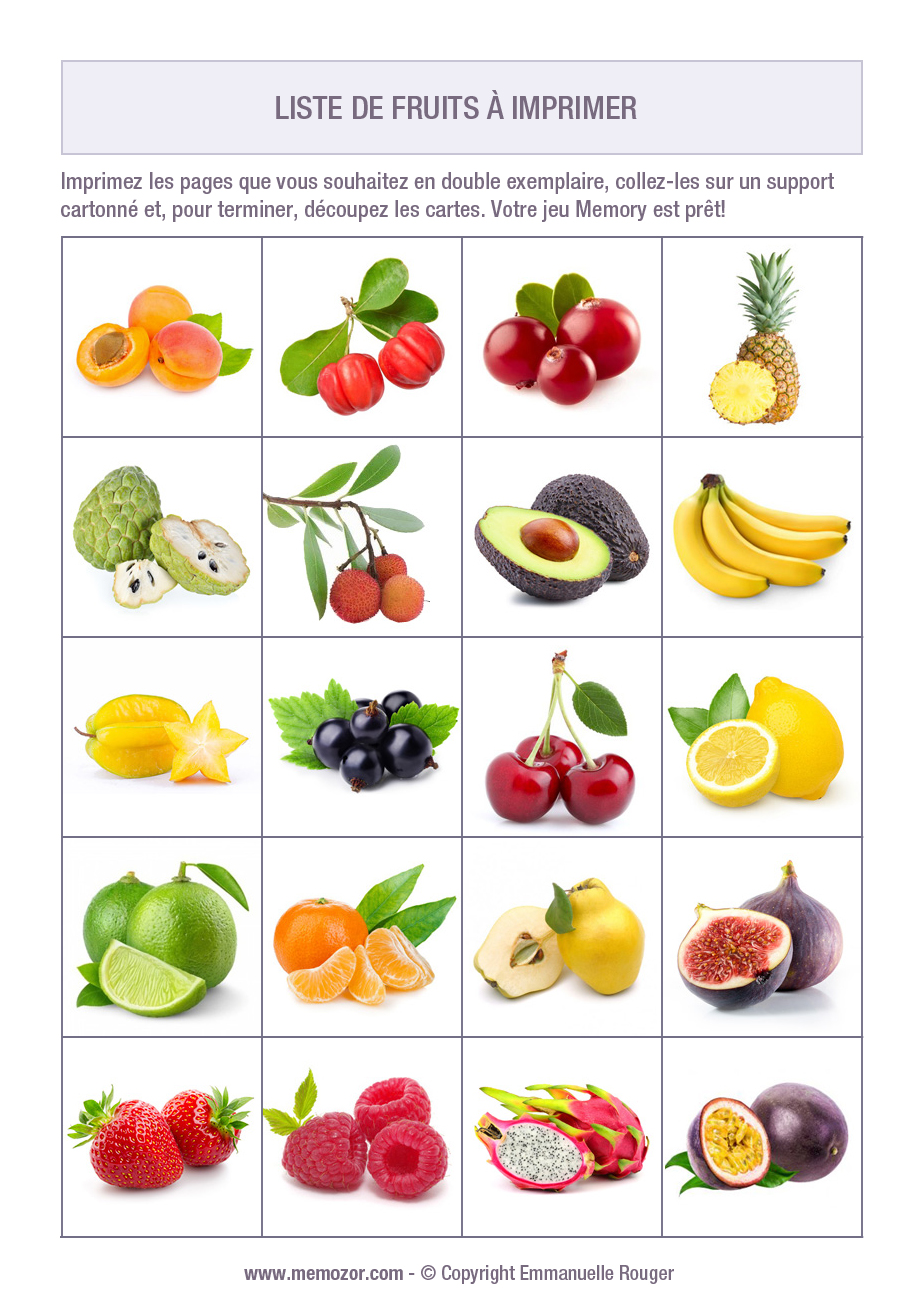 Liste de 50 Fruits avec noms et images - à imprimer