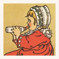 Carte memory 1981 - Petite fille à la robe rouge buvant son biberon