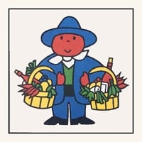 Carte memory 1981 - Personnage au visage rouge habillé en bleu et portant 2 paniers de légumes