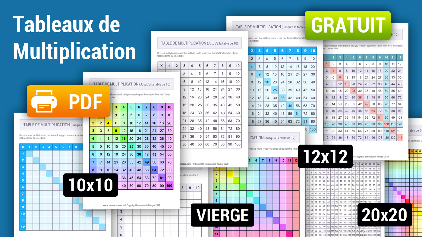 Plus de 50 Tableaux de multiplication - Toutes les tailles | Memozor