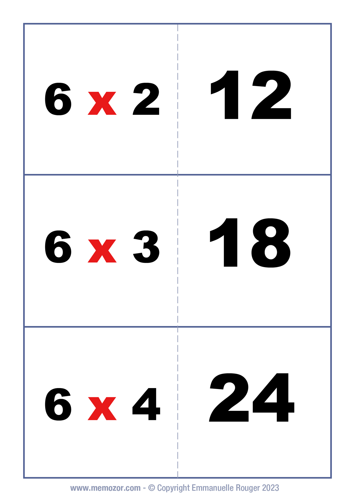 Cartes Flash multiplications de la Table de 6 Gratuit Memozor