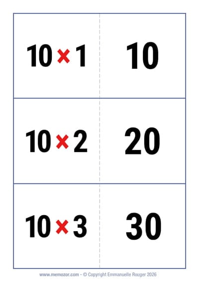 Cartes flash de la table de 10