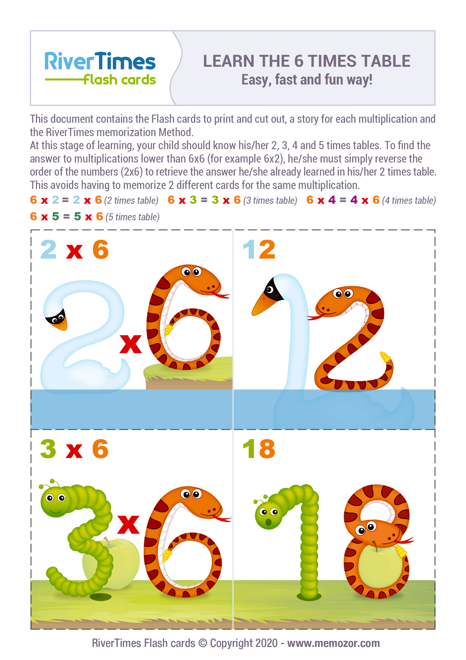 Multiplication Flash Cards 6 Times table - Print for free | RiverTimes