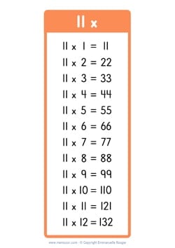 11 Times table chart orange (US school)