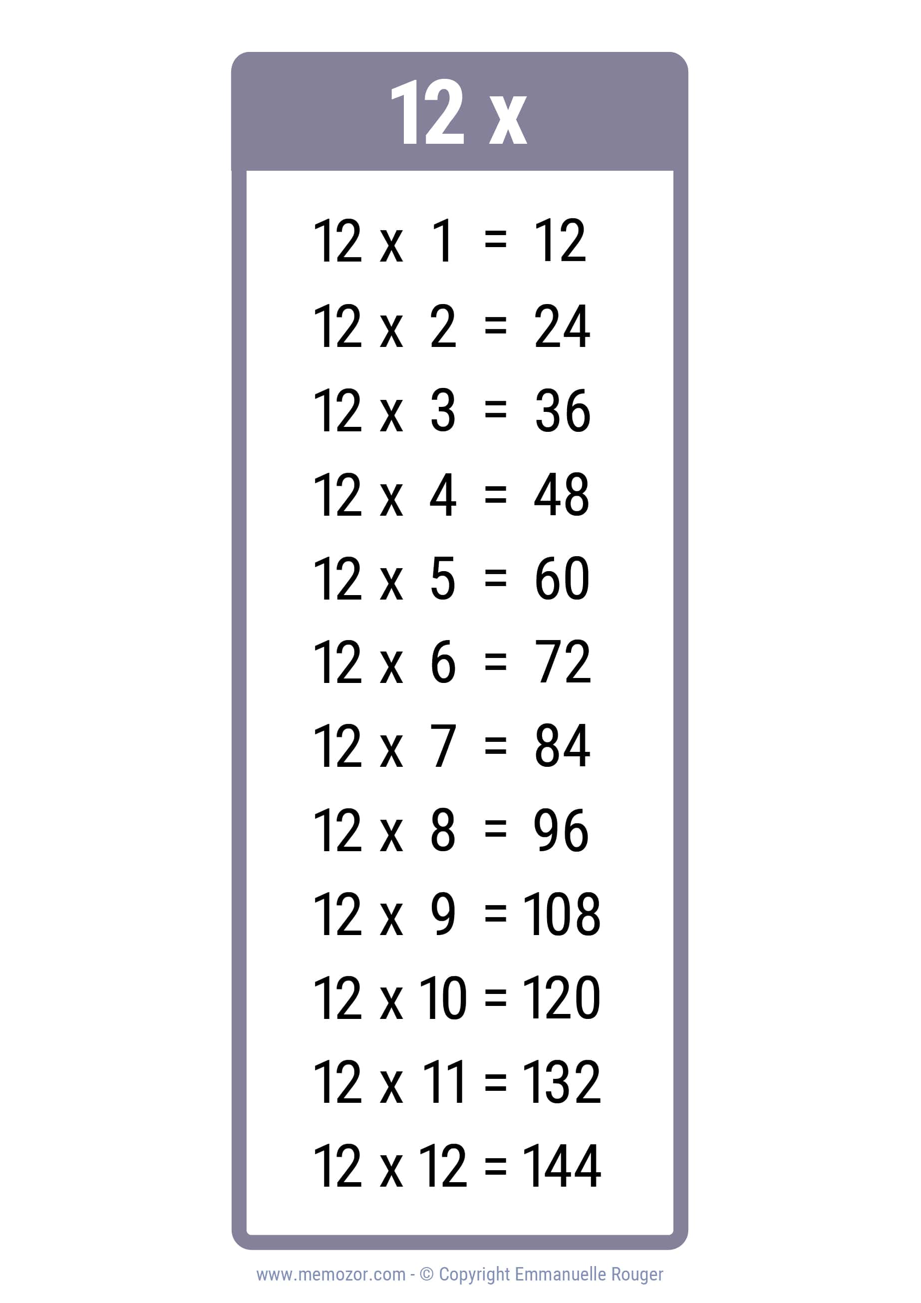 Pretty 12 Times Table Chart Print For Free many Colors Memozor
