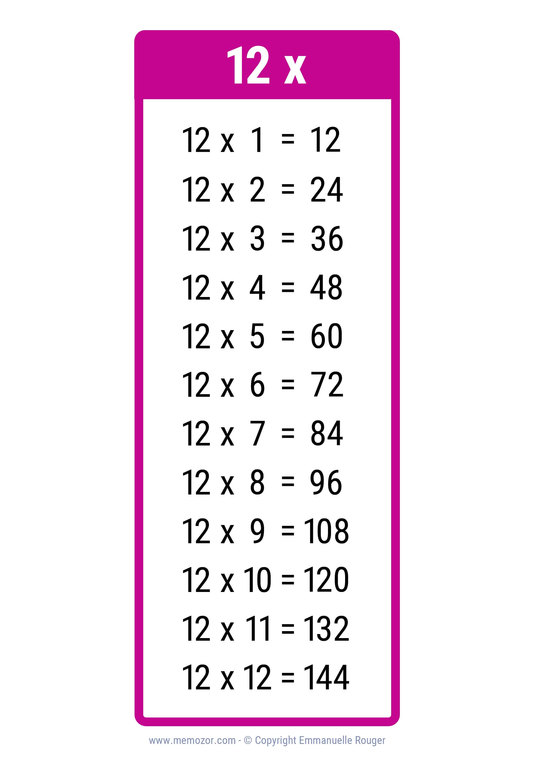 Pretty 12 Times Table Chart Print For Free many Colors Memozor