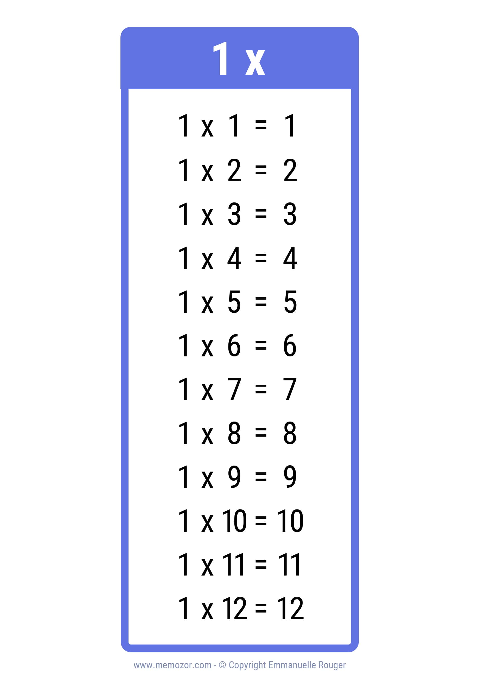 Pretty 1 Times Table Chart Print For Free many Colors Memozor