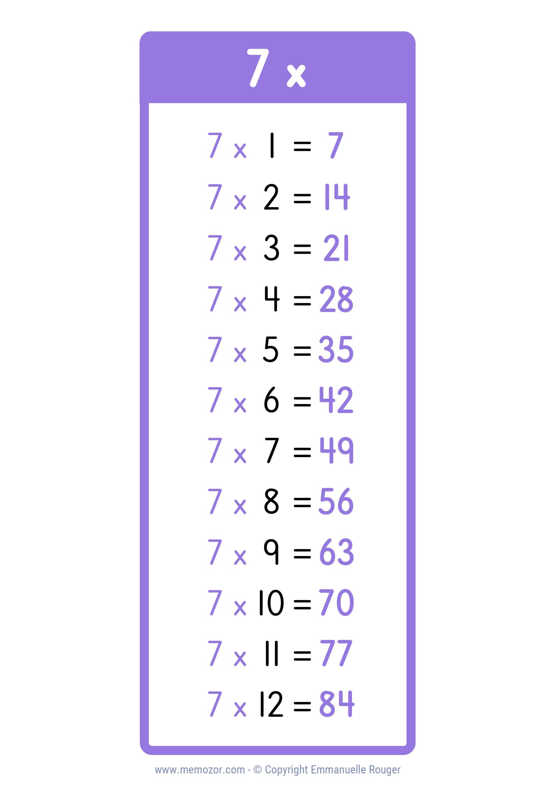 Pretty 7 Times table Chart - Print for free (many colors) | Memozor