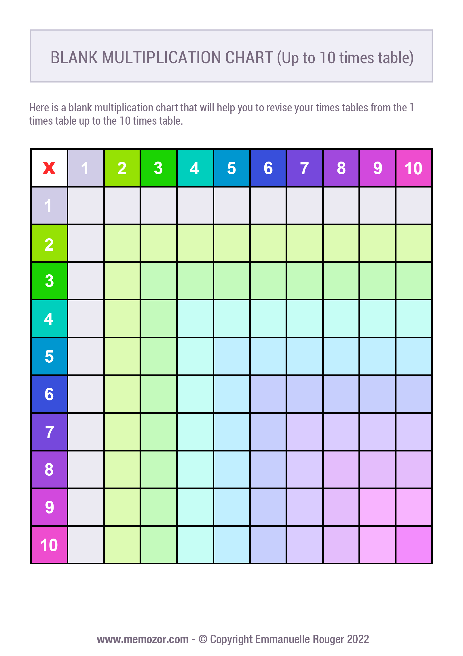 Printable Blank multiplication Chart Colorful no.2 (110) Free Memozor