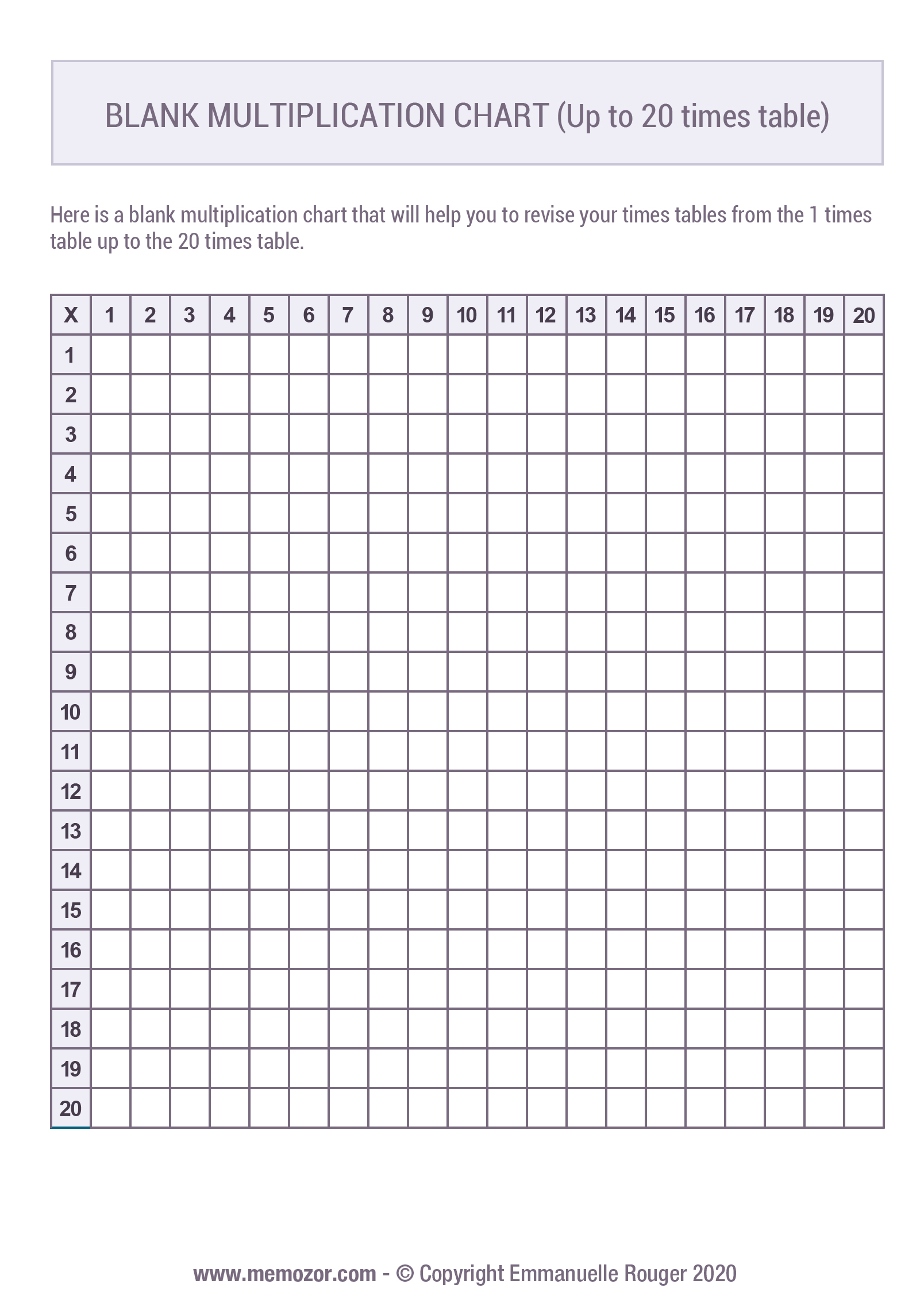Printable Blank multiplication Chart (120) Free Memozor
