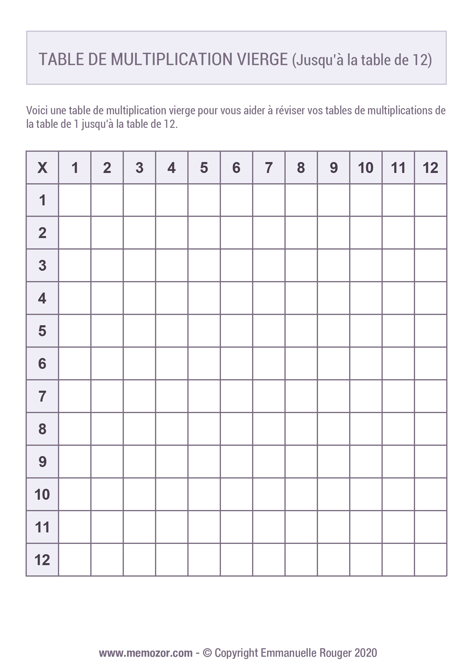 tableau de multiplication vierge 1 à 12 à imprimer gratuit memozor