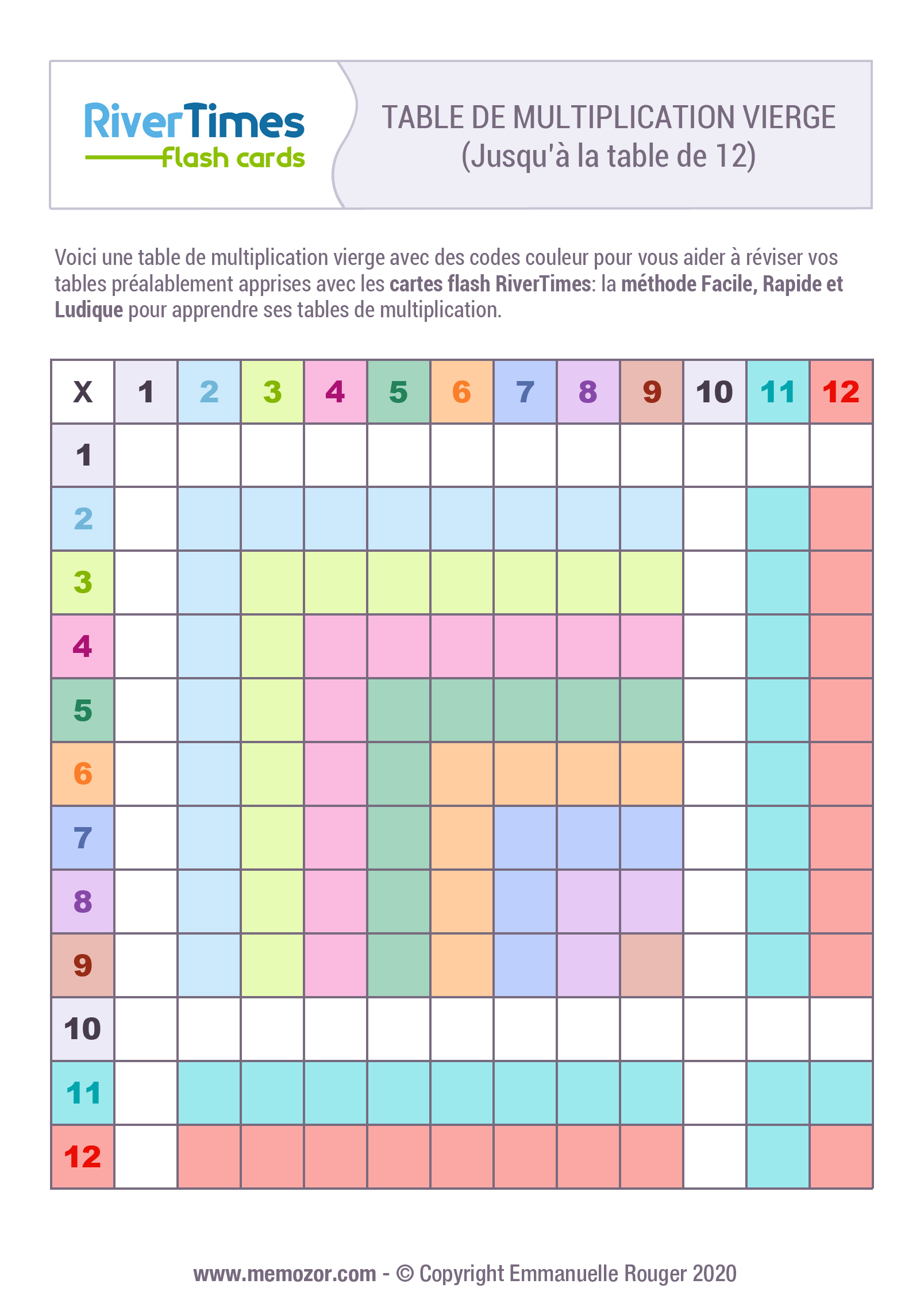Table De Multiplication Vierge à Imprimer Table de multiplication vierge colorée de 1 à 12 à Imprimer | RiverTimes