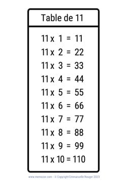 Table de 11 en noir & blanc à Imprimer