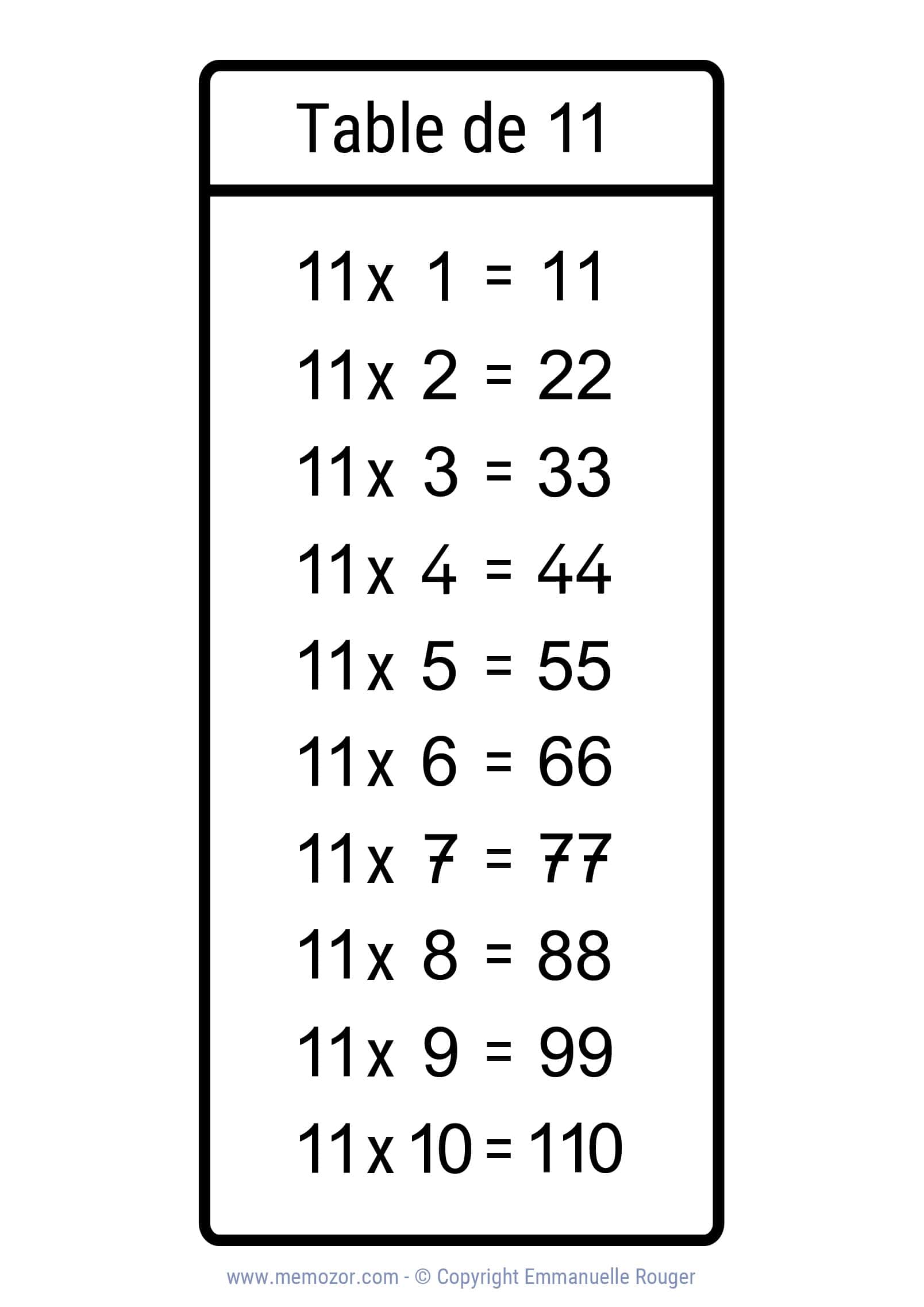 Table De Multiplication à Imprimer Sans Les Reponses Jolie Table de 11 à imprimer PDF (plusieurs coloris) | Memozor