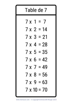Table de 7 en noir & blanc à Imprimer