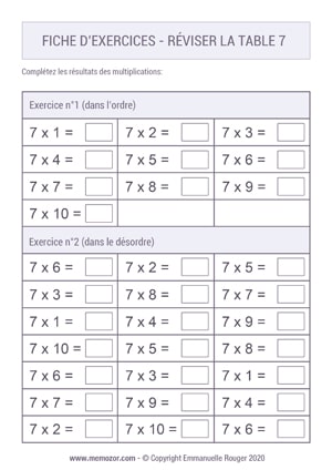 Exercices à imprimer pour la Table de 7
