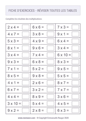Exercices à imprimer pour toutes les Table de multiplication