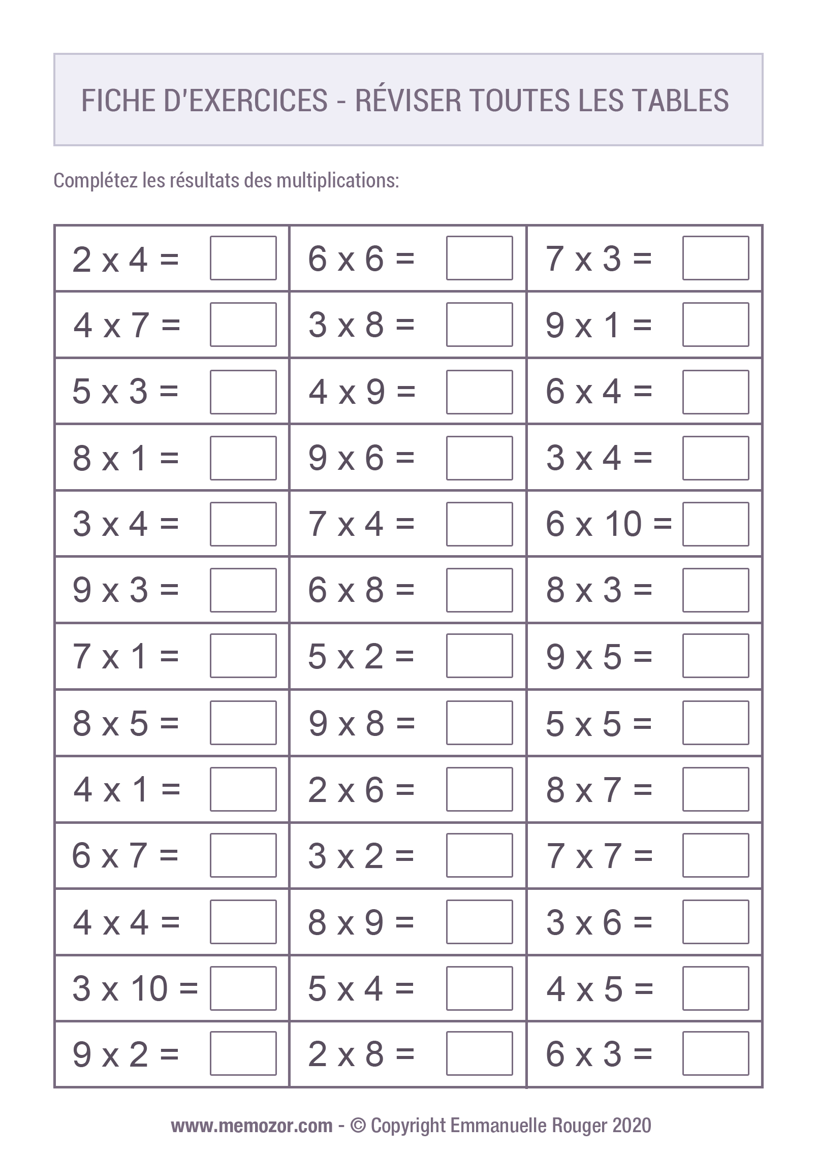 Tables de Multiplications à Imprimer — Modulo-n