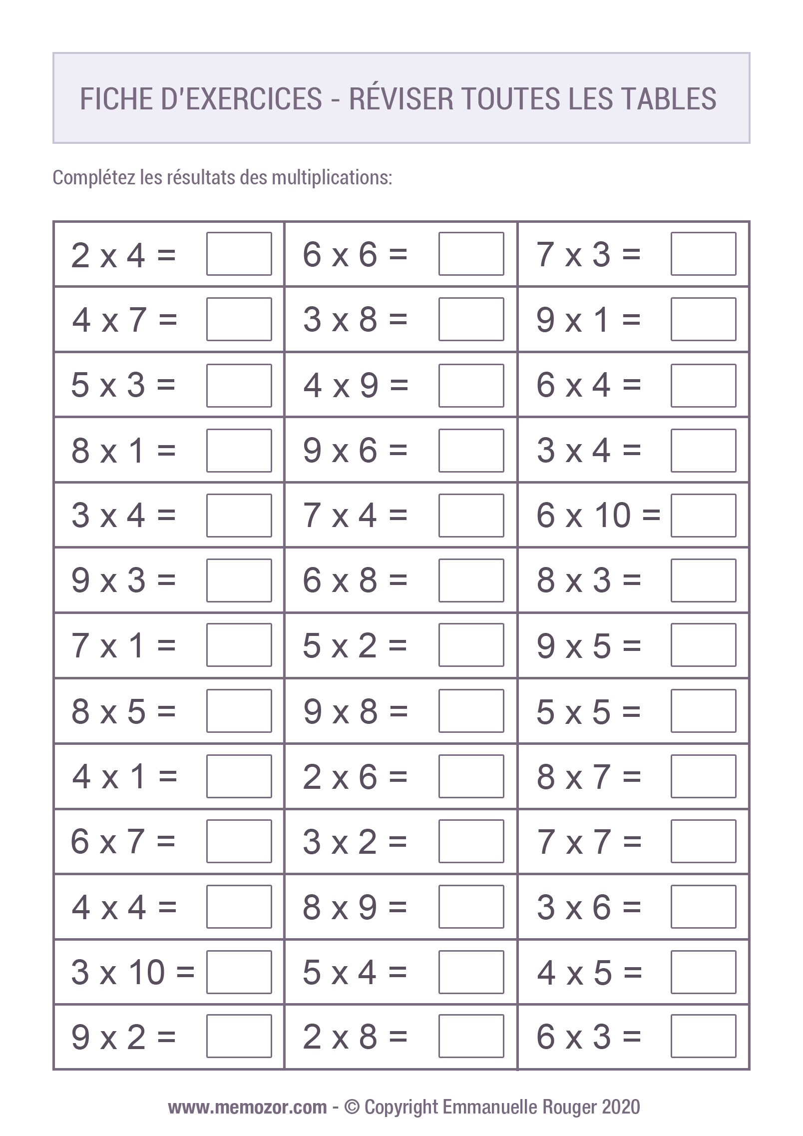 Toutes les Tables de multiplication à Imprimer (plusieurs coloris)