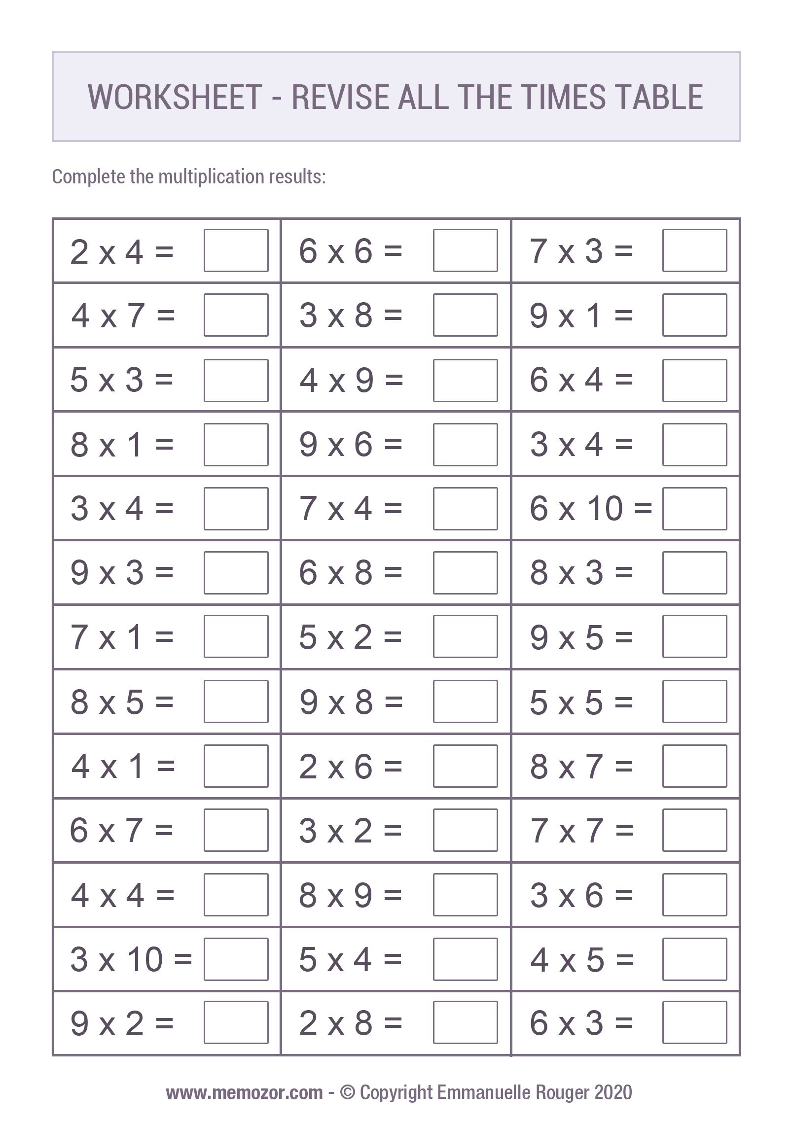 Worksheet to print - Revise all times Table | Memozor