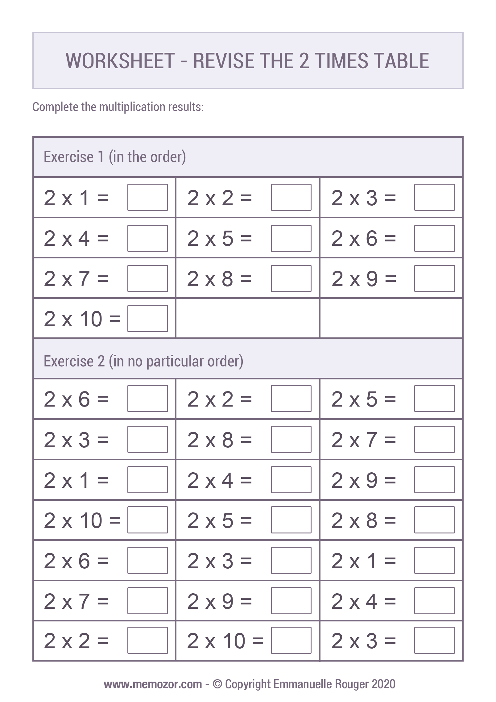 Printable Worksheet - Revise the 20 Times table  Memozor For 2 Times Table Worksheet