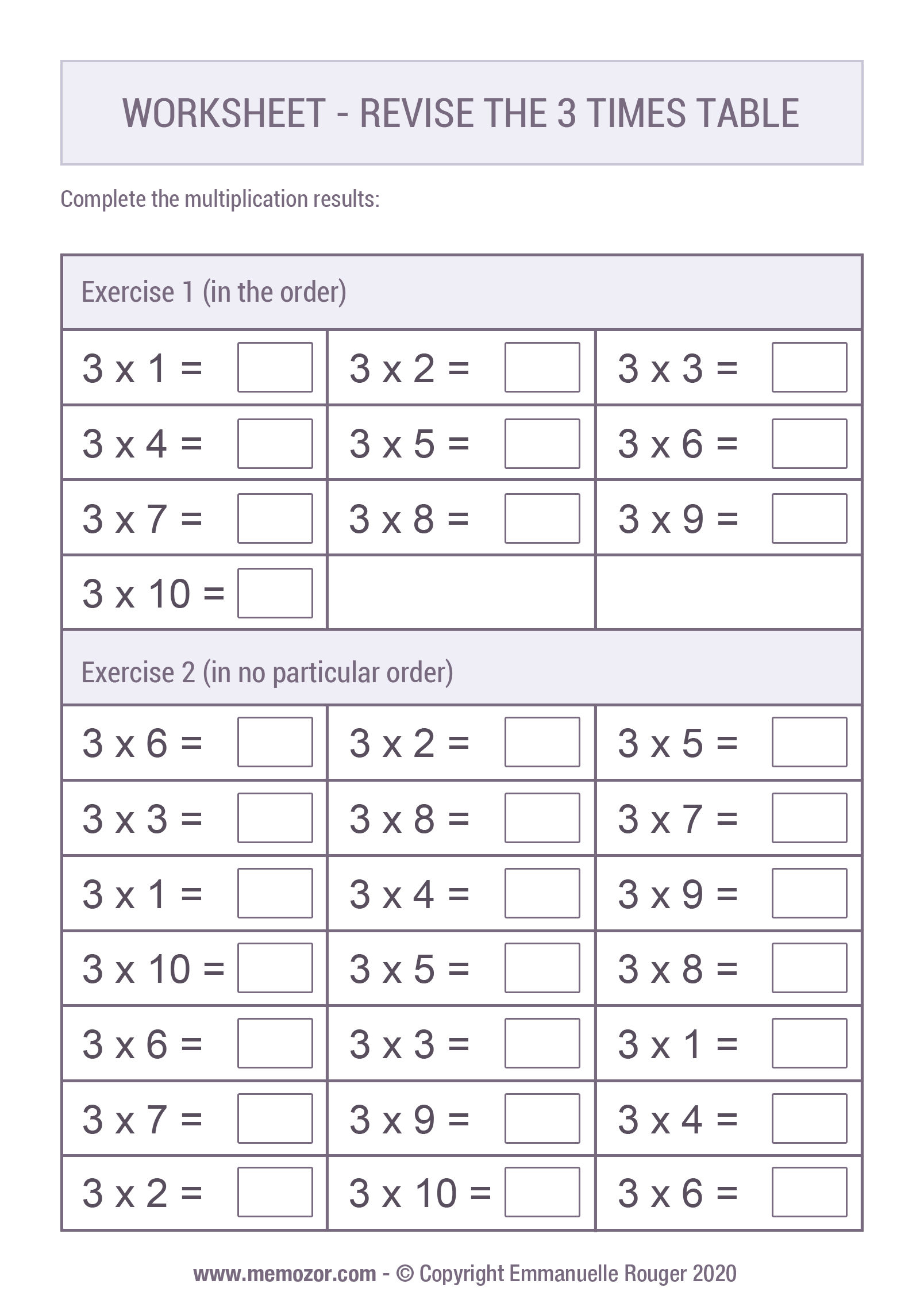 Printable Worksheet - Revise the 21 Times table  Memozor Within 3 Times Table Worksheet
