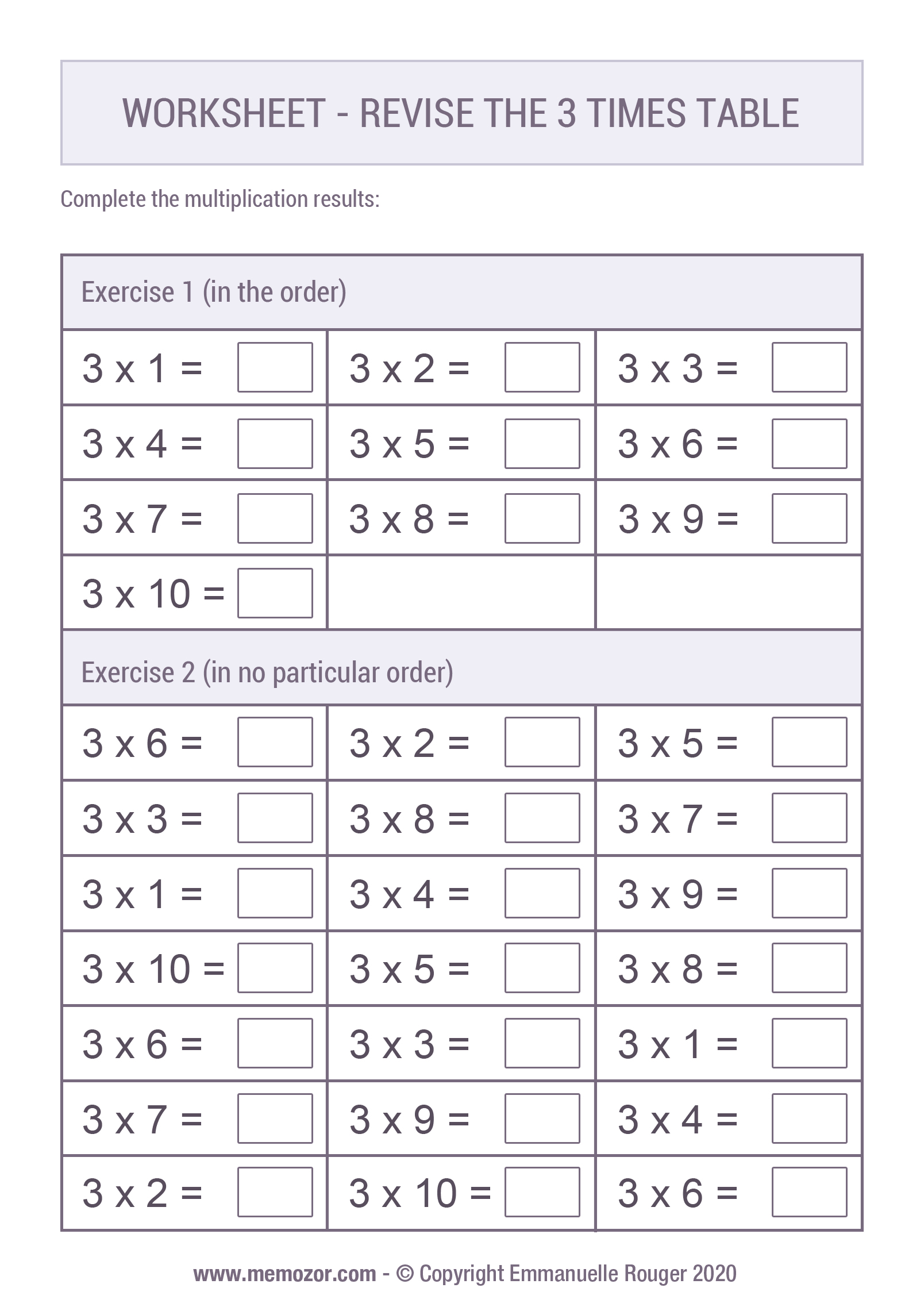 3 times table worksheet with answers