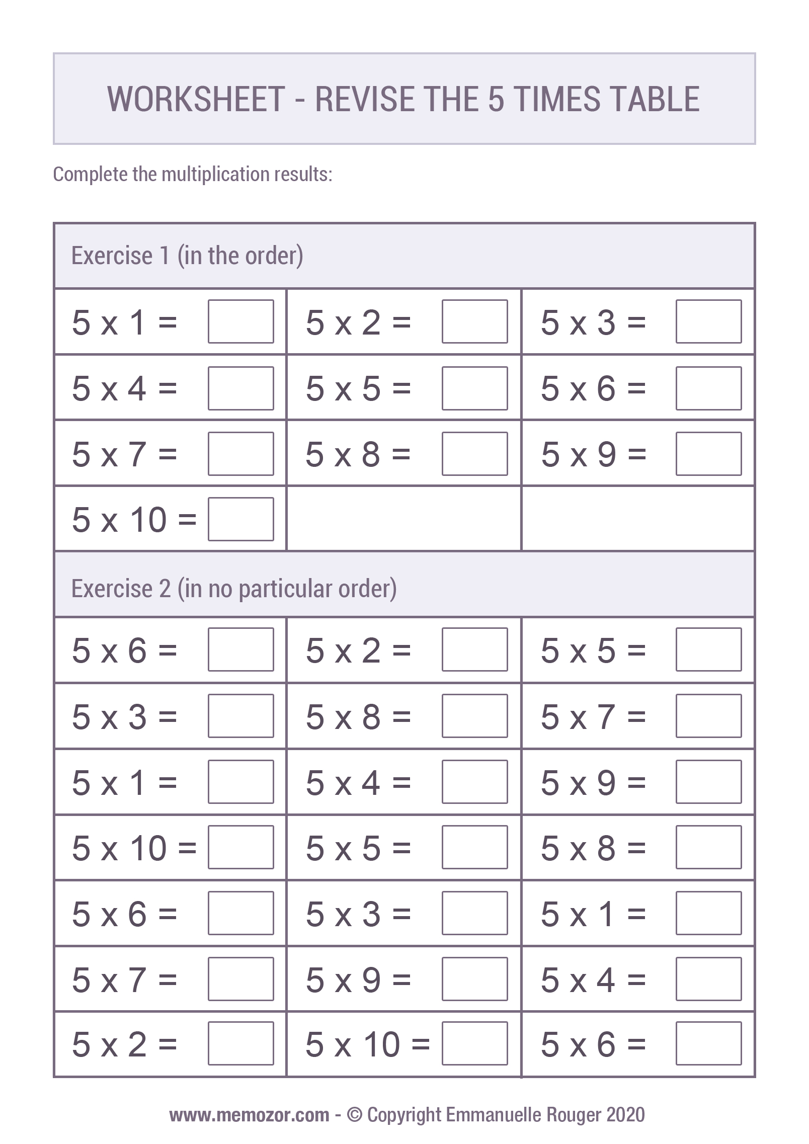 Worksheet to print Revise the 5 times Table Memozor