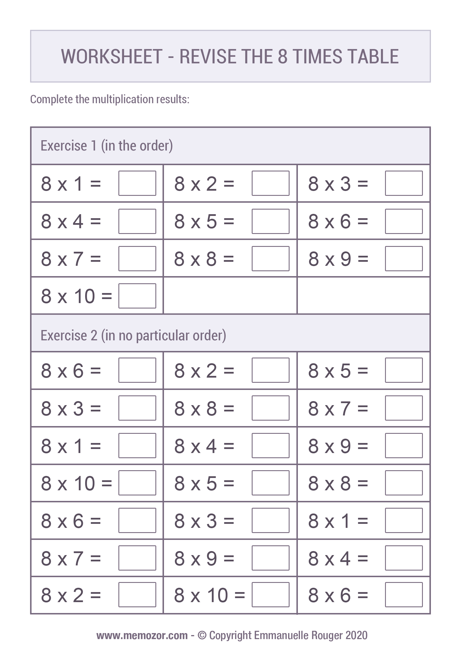Printable 8 Times Table Worksheets