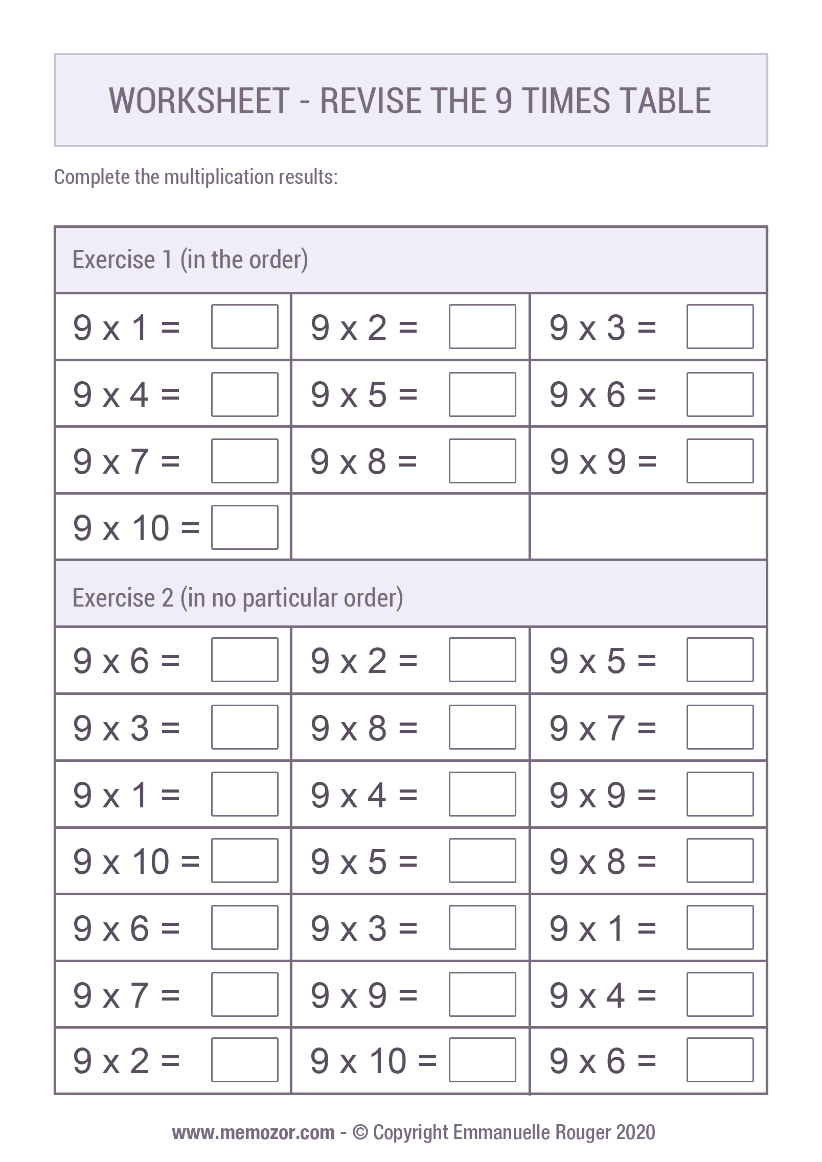 Multiplication Table 9 Worksheet Free Printable Worksheet