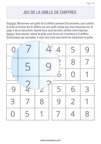 Jeu de mémoire à imprimer - Grille de chiffres - Gratuit