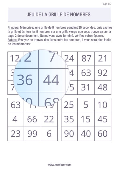 Jeu de mémoire à imprimer - Grille de nombres - Gratuit Jeu de mémoire à imprimer - Grille de nombres - Gratuit
