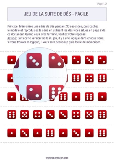 Jeu de mémoire à imprimer - Séries de dés faciles - Gratuit