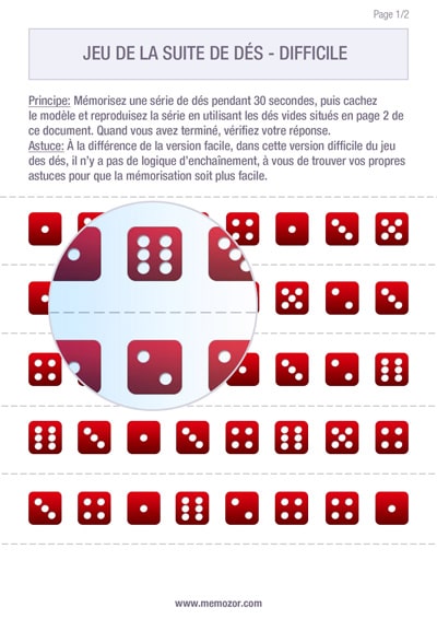 Jeu de mémoire à imprimer - Séries de dés difficile - Gratuit Jeu de mémoire à imprimer - Séries de dés difficile - Gratuit