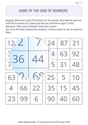 Printable memory game - Grid of numbers difficult - Free Printable memory game - Grid of numbers difficult - Free