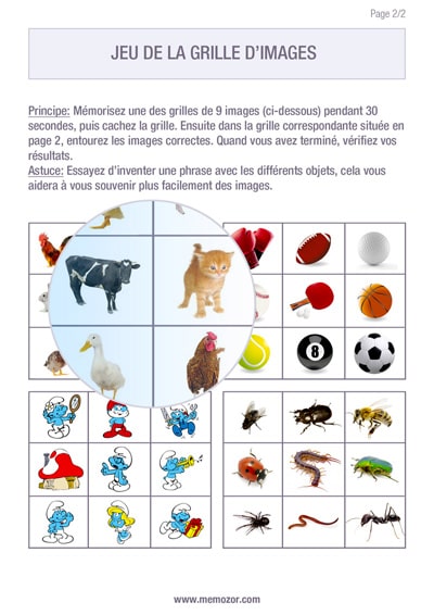 Jeu de mémoire à imprimer - Grille d'images enfant - Gratuit