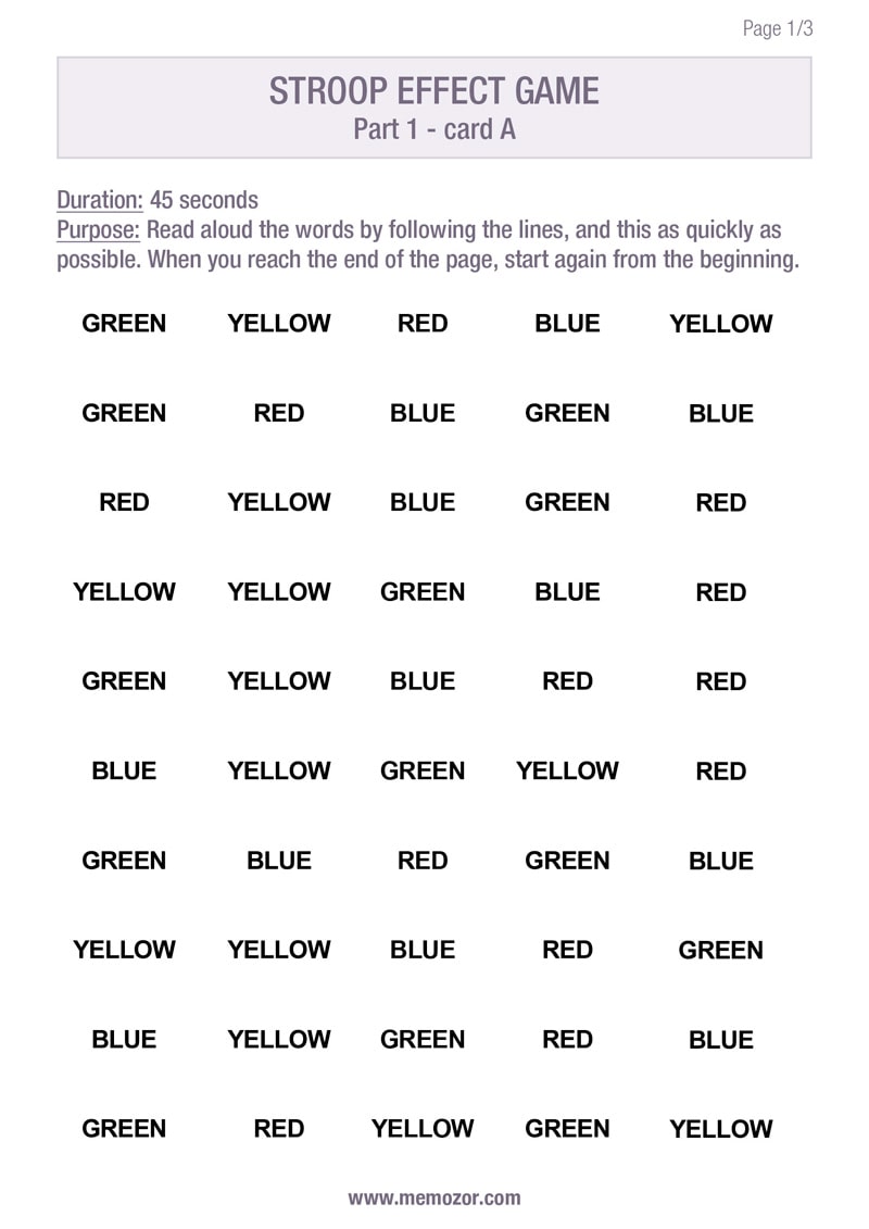 Stroop effect game printable - List of words and colors | Memozor
