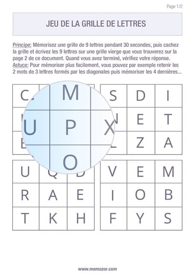 Jeu de mémoire à imprimer - Grille de lettres - Gratuit