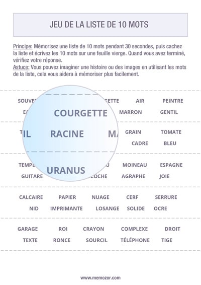 Jeu de mémoire à imprimer - Liste de 10 mots - Gratuit Jeu de mémoire à imprimer - Liste de 10 mots - Gratuit
