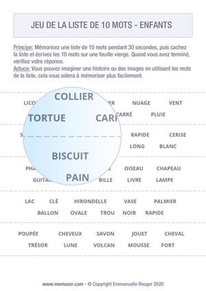 Jeu de mémoire à imprimer - Liste de 10 mots pour enfants - Gratuit