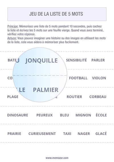 Jeu de mémoire à imprimer - Liste de 5 mots - Gratuit