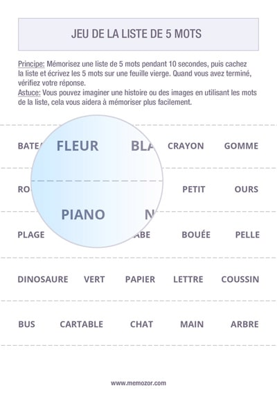 Jeu de mémoire à imprimer - Liste de 5 mots pour enfants - Gratuit